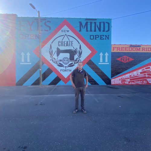 Shepard Fairey paints mural in old town, gets student help