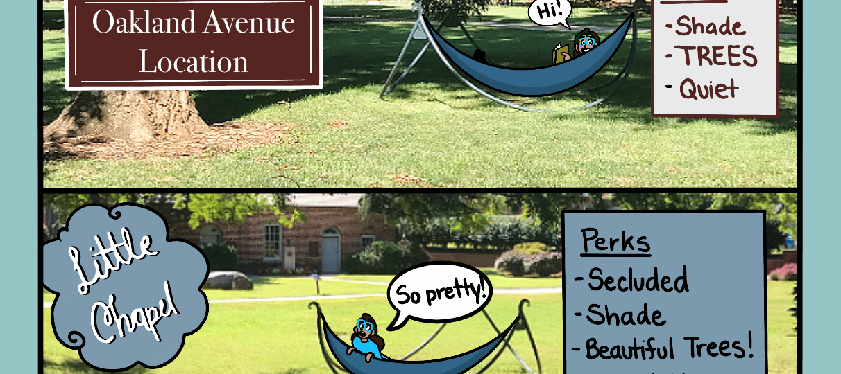 Comic Strip featuring best places to hammock in on campus