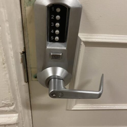 Combination locks on community style bathrooms in Margaret Nance implemented by Residence Life
