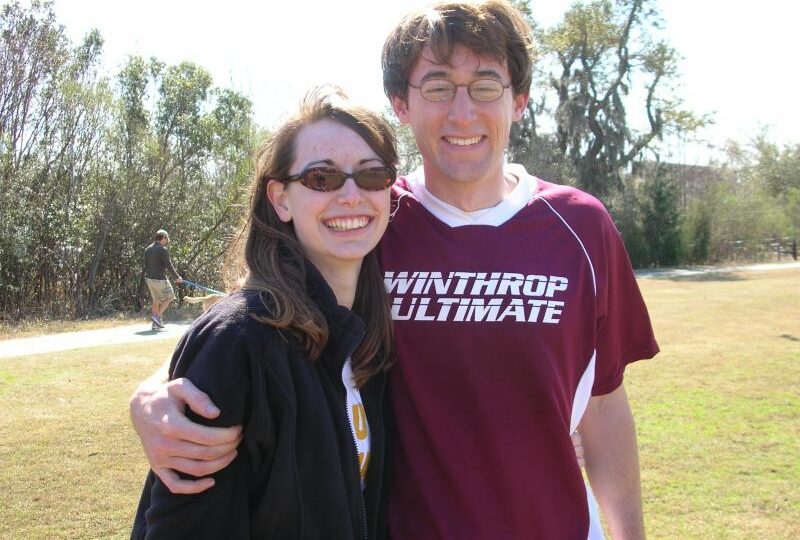 Charles & Kristen pose at an ultimate frisbee tournament hosted by College of Charlesotn. Charles played Ultimate Frisbee while at WU. At the time, they played Fridays on Dinkins lawn and would travel to tournaments to play other schools. Photo creds - Kristen Thoeness