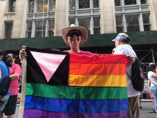 Jan Wise pictured in NYC in 2019 during the 50th Anniversary Stonewall March.
