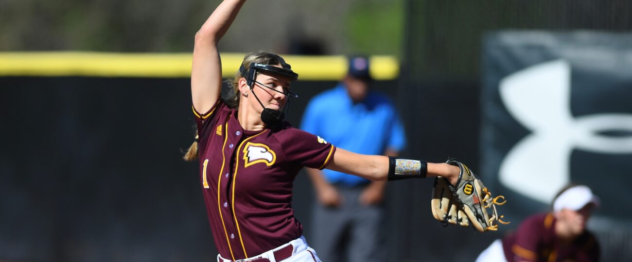 Softball Season Preview Reese Basinger pitches in last seasons games. Photo creds Winthrop Athletic Department